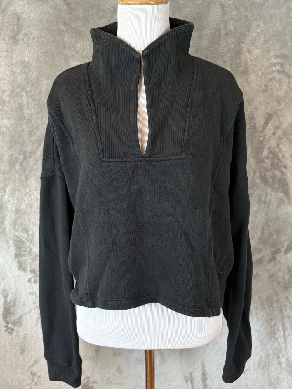 Z Supply Black Retroplush Half Zip Ribbed Neck Cropped Pullover Wmn’s L